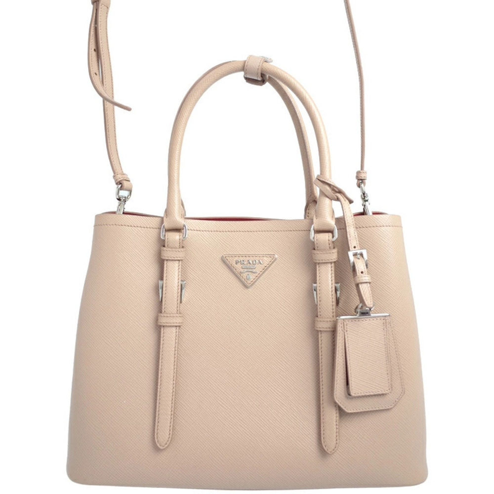 Prada Saffiano Cuir Double Bag textured leather rolled handles Pink